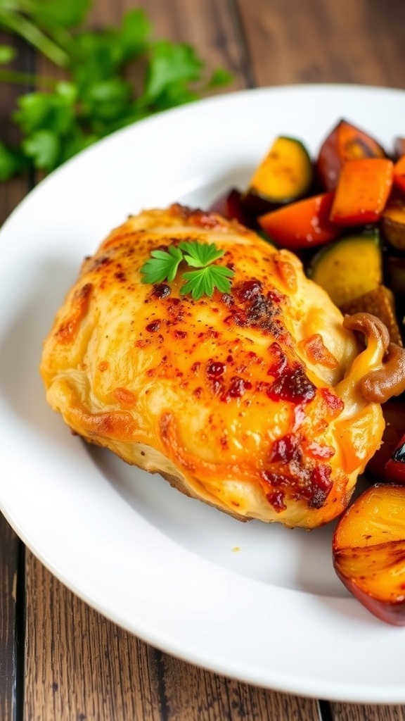 Crispy air fryer chicken thigh on a plate with roasted vegetables and parsley garnish.
